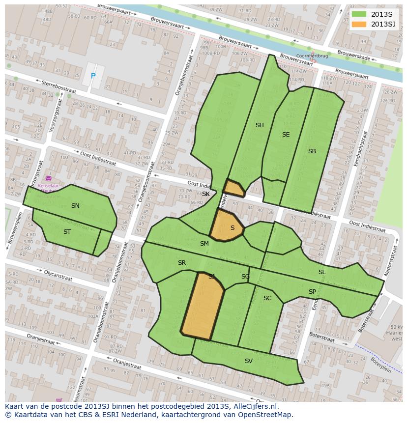 Afbeelding van het postcodegebied 2013 SJ op de kaart.