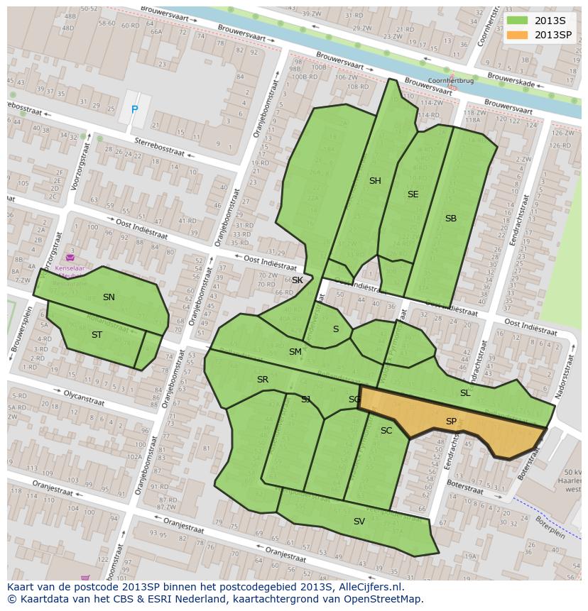 Afbeelding van het postcodegebied 2013 SP op de kaart.