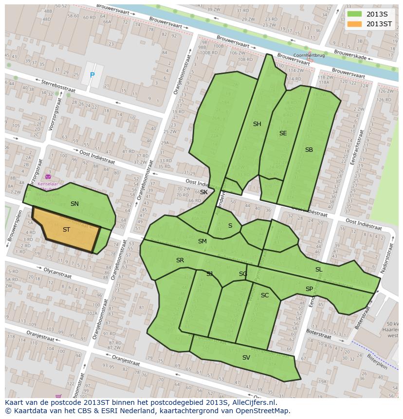 Afbeelding van het postcodegebied 2013 ST op de kaart.