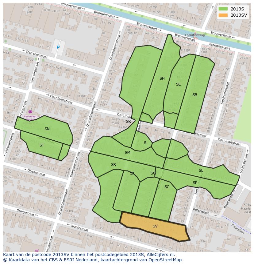 Afbeelding van het postcodegebied 2013 SV op de kaart.
