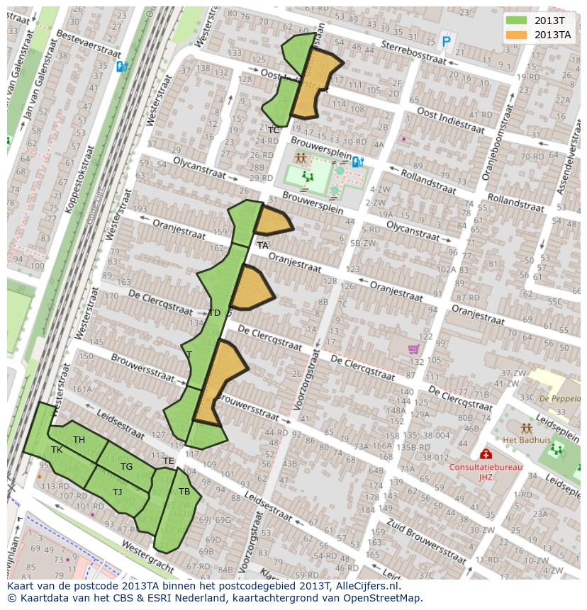 Afbeelding van het postcodegebied 2013 TA op de kaart.