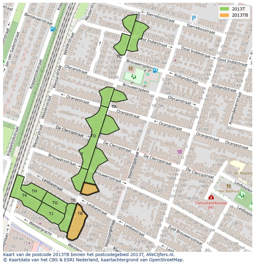 Afbeelding van het postcodegebied 2013 TB op de kaart.