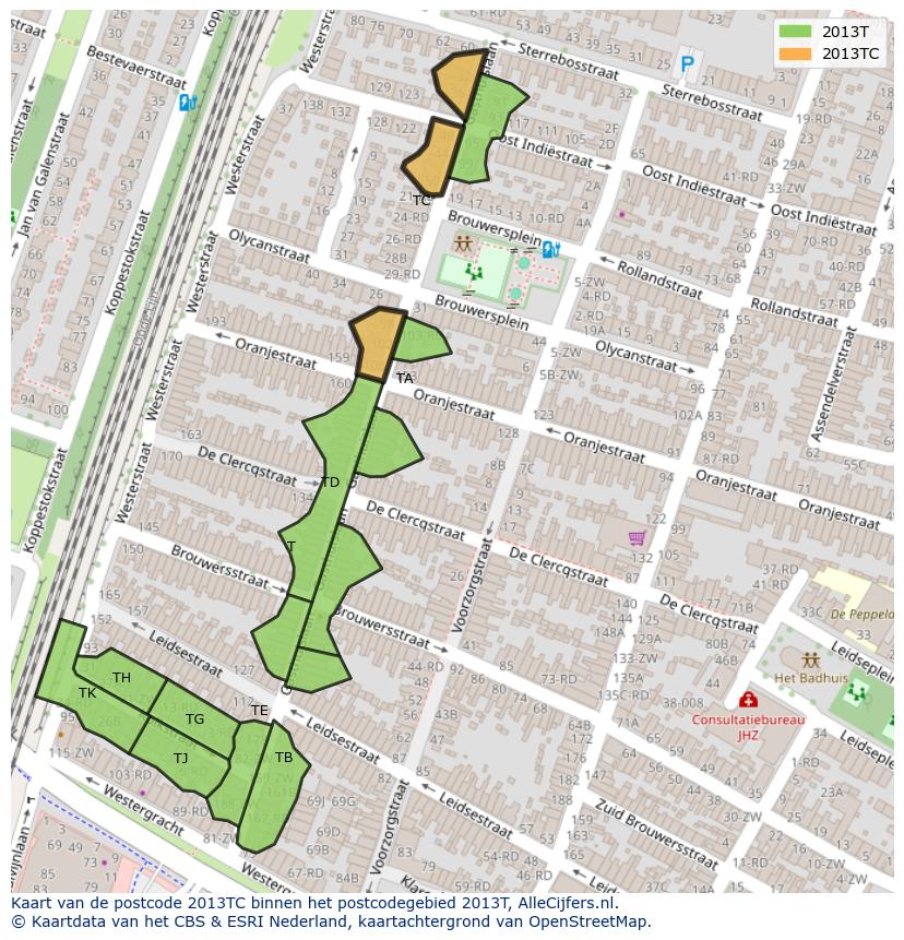 Afbeelding van het postcodegebied 2013 TC op de kaart.