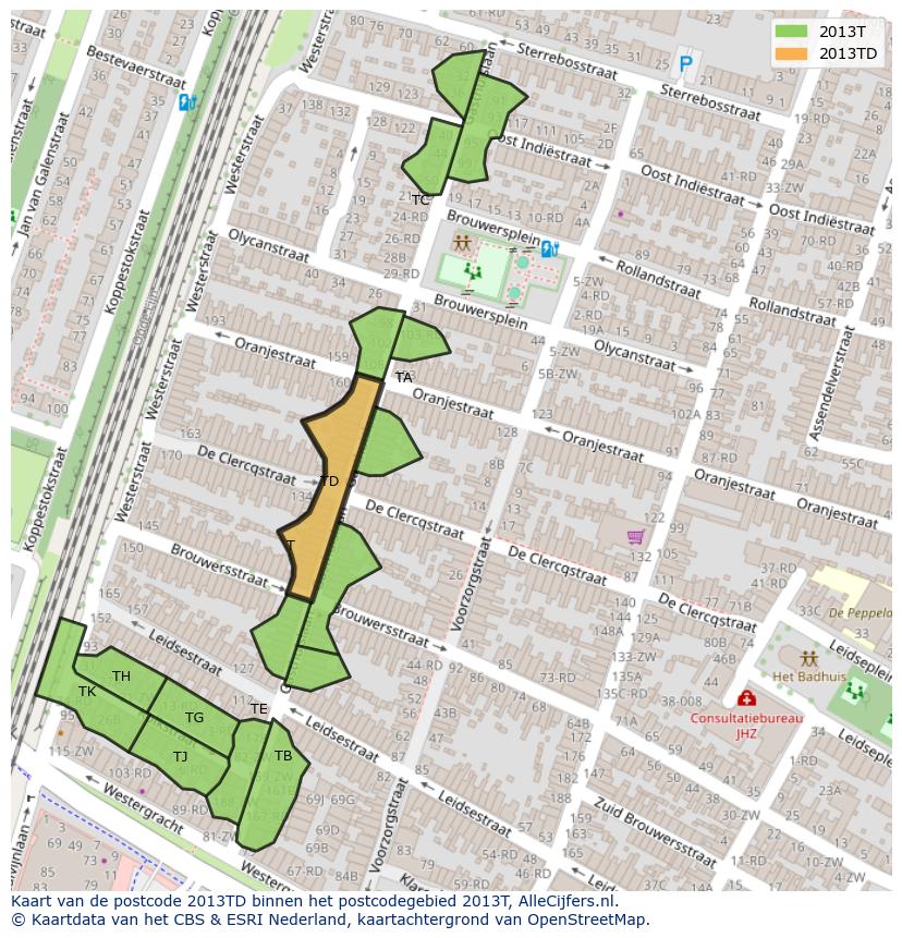 Afbeelding van het postcodegebied 2013 TD op de kaart.