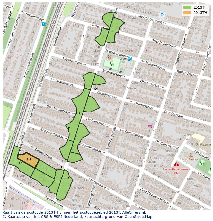 Afbeelding van het postcodegebied 2013 TH op de kaart.