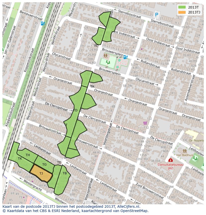 Afbeelding van het postcodegebied 2013 TJ op de kaart.
