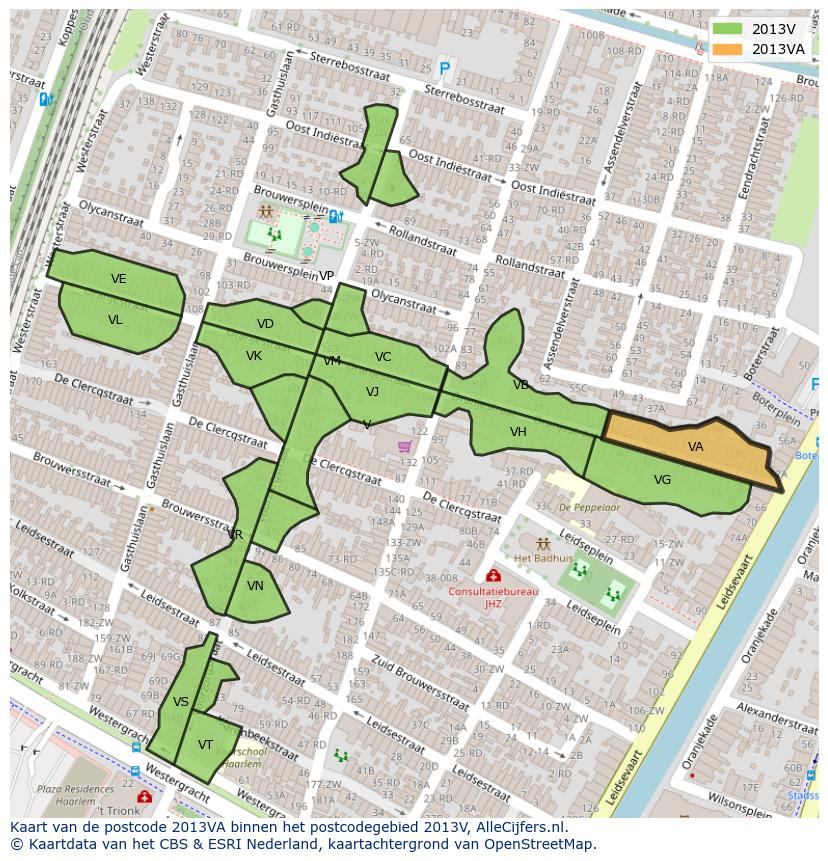 Afbeelding van het postcodegebied 2013 VA op de kaart.