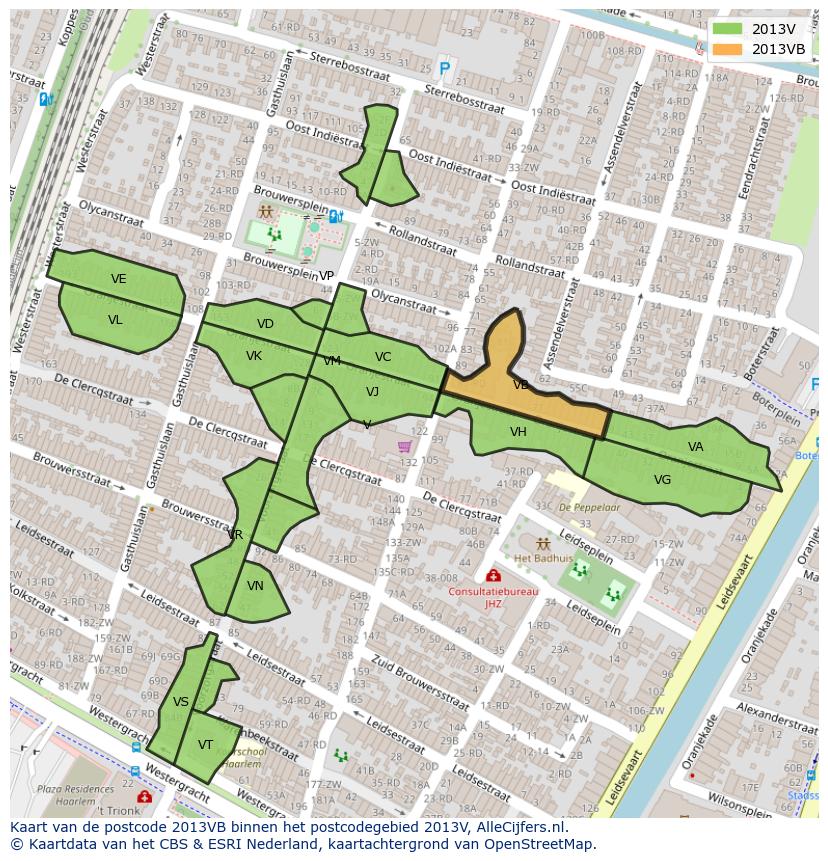 Afbeelding van het postcodegebied 2013 VB op de kaart.