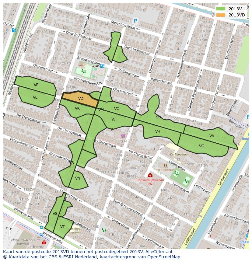 Afbeelding van het postcodegebied 2013 VD op de kaart.