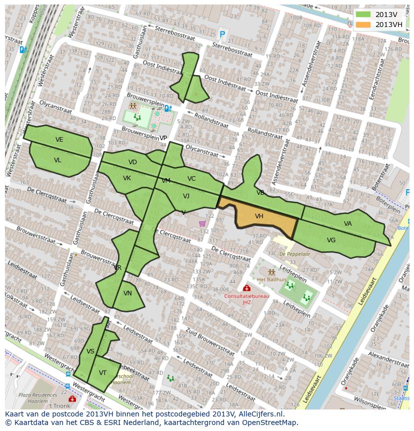 Afbeelding van het postcodegebied 2013 VH op de kaart.
