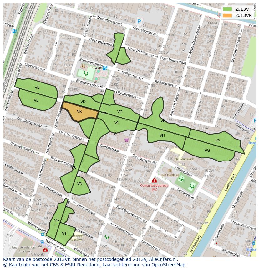 Afbeelding van het postcodegebied 2013 VK op de kaart.