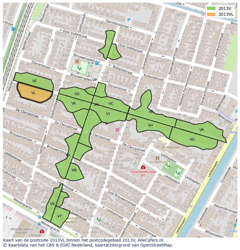 Afbeelding van het postcodegebied 2013 VL op de kaart.