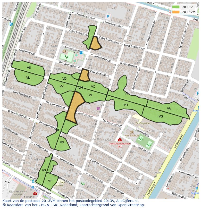 Afbeelding van het postcodegebied 2013 VM op de kaart.