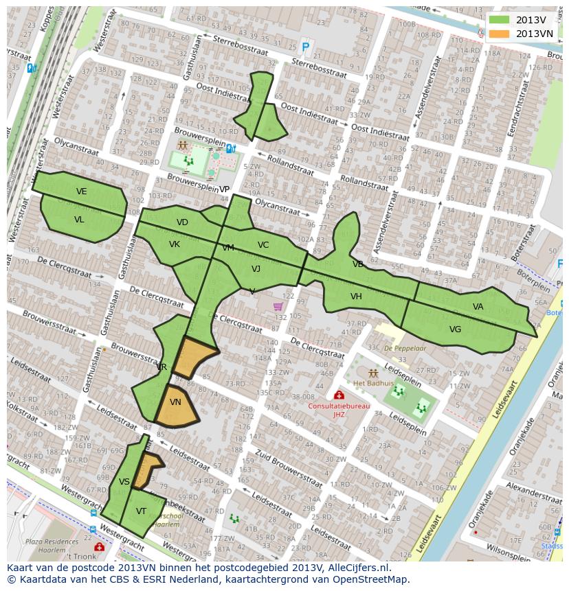 Afbeelding van het postcodegebied 2013 VN op de kaart.