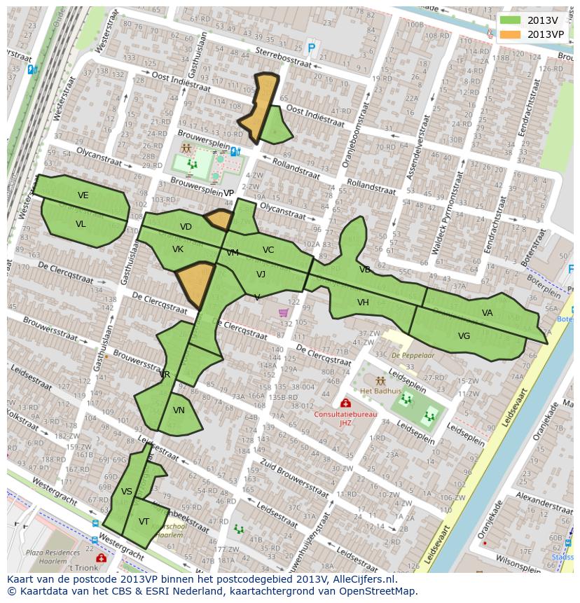 Afbeelding van het postcodegebied 2013 VP op de kaart.