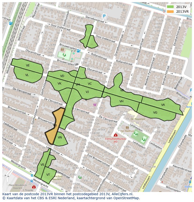 Afbeelding van het postcodegebied 2013 VR op de kaart.