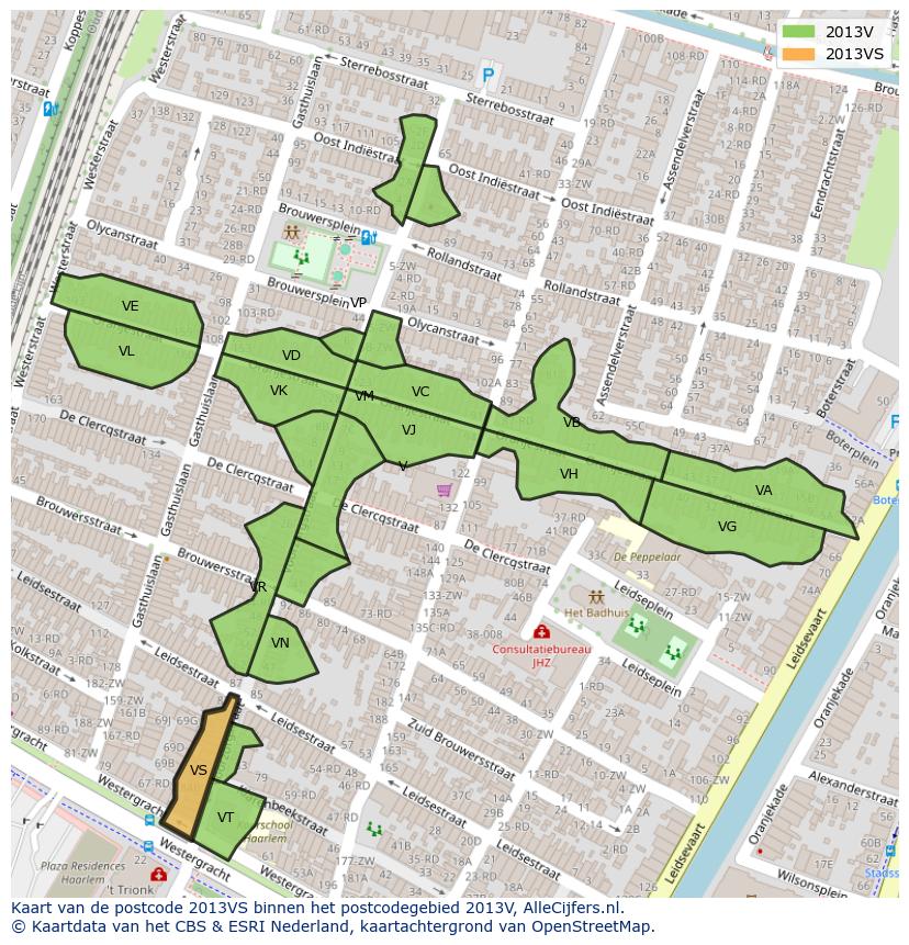 Afbeelding van het postcodegebied 2013 VS op de kaart.
