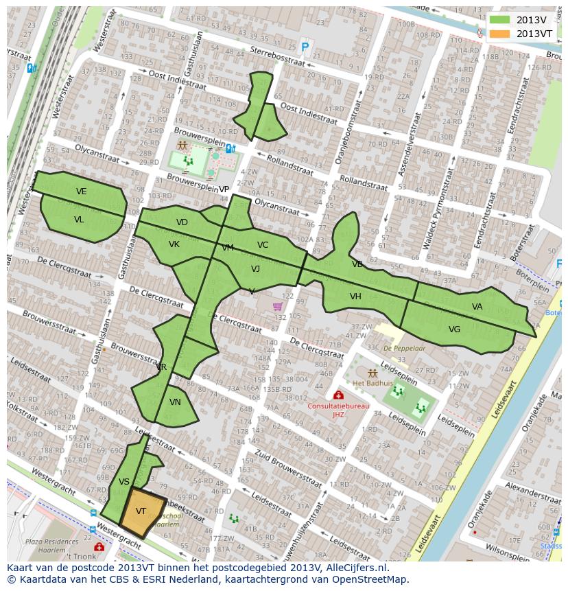 Afbeelding van het postcodegebied 2013 VT op de kaart.