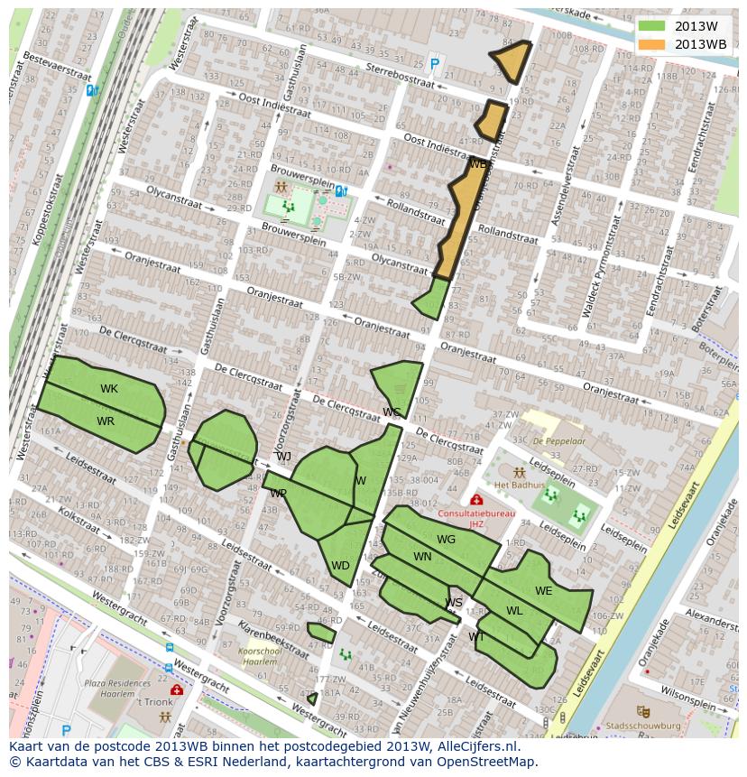 Afbeelding van het postcodegebied 2013 WB op de kaart.