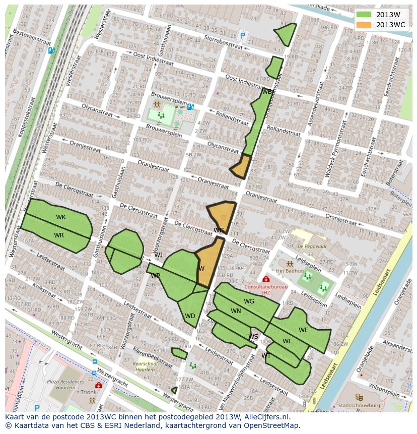Afbeelding van het postcodegebied 2013 WC op de kaart.