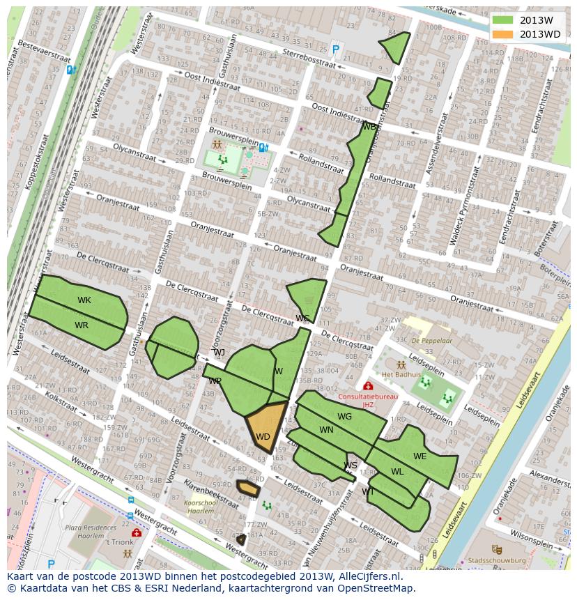 Afbeelding van het postcodegebied 2013 WD op de kaart.