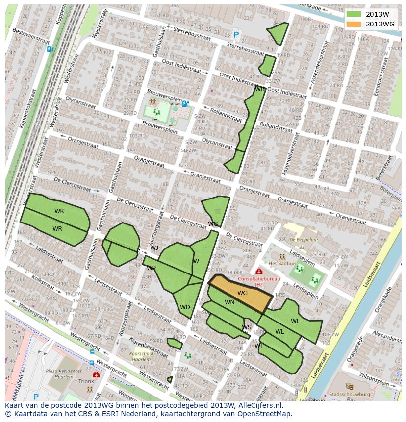 Afbeelding van het postcodegebied 2013 WG op de kaart.
