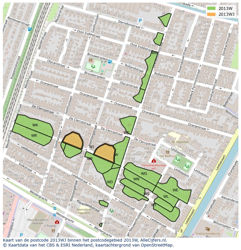 Afbeelding van het postcodegebied 2013 WJ op de kaart.
