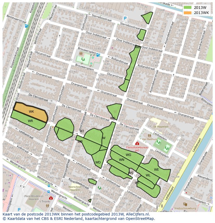 Afbeelding van het postcodegebied 2013 WK op de kaart.