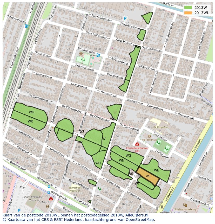 Afbeelding van het postcodegebied 2013 WL op de kaart.