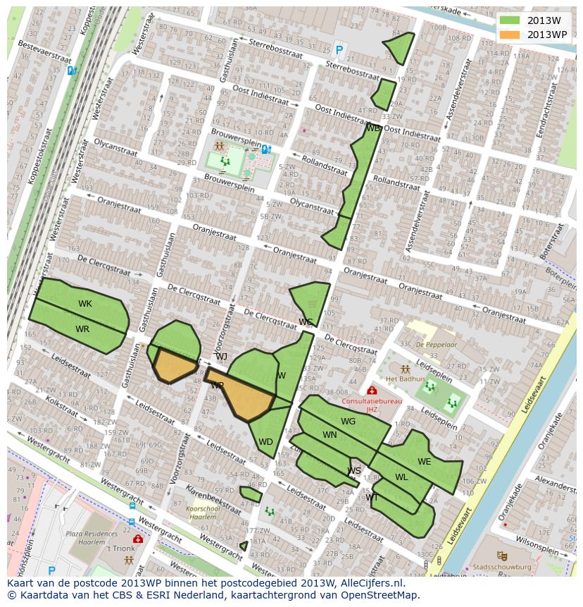 Afbeelding van het postcodegebied 2013 WP op de kaart.