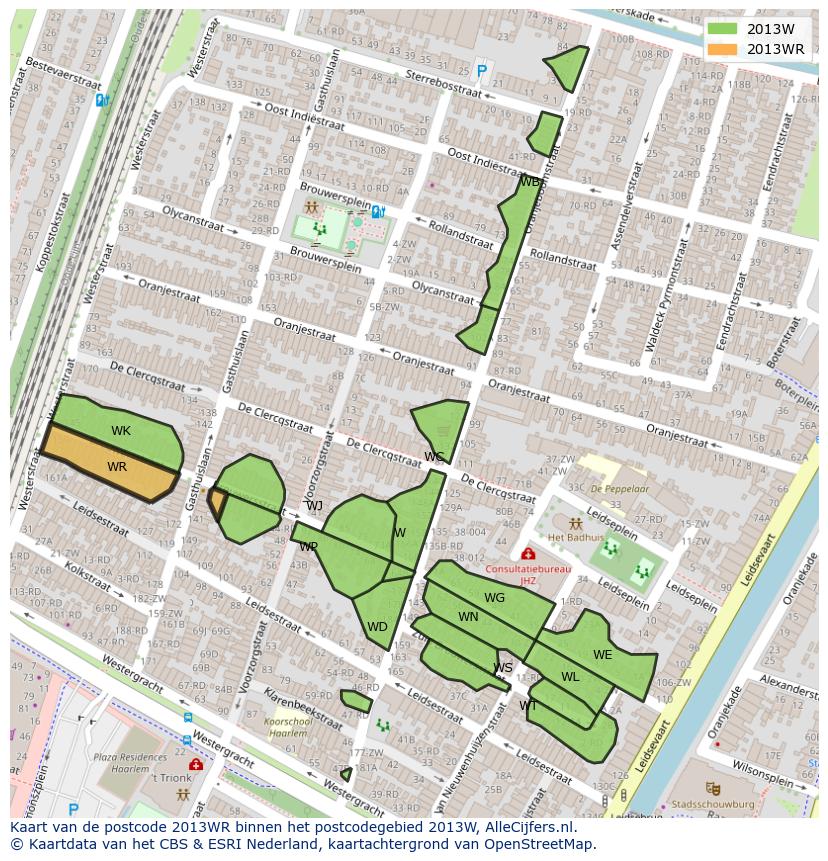 Afbeelding van het postcodegebied 2013 WR op de kaart.