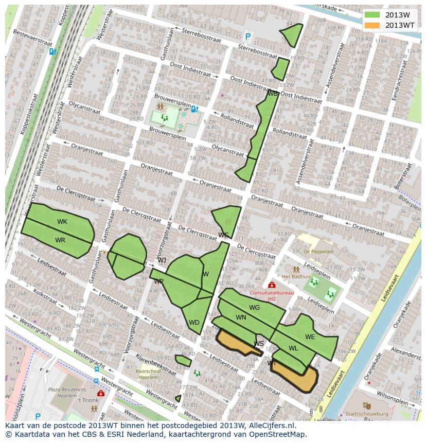 Afbeelding van het postcodegebied 2013 WT op de kaart.