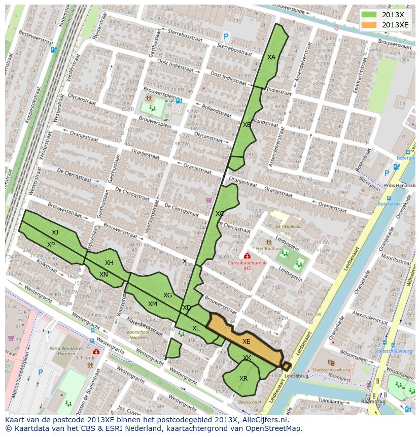 Afbeelding van het postcodegebied 2013 XE op de kaart.