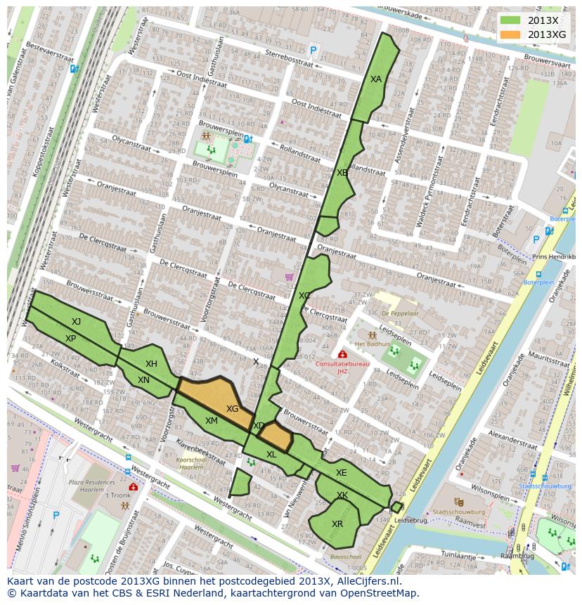 Afbeelding van het postcodegebied 2013 XG op de kaart.
