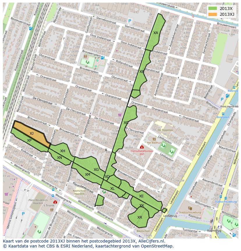 Afbeelding van het postcodegebied 2013 XJ op de kaart.