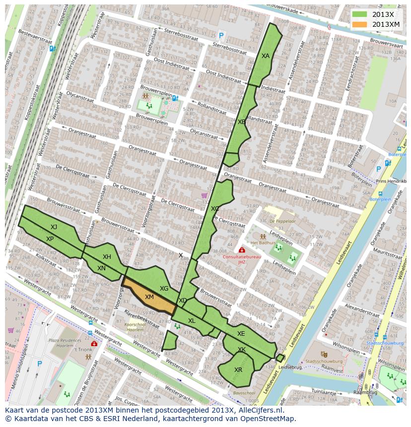 Afbeelding van het postcodegebied 2013 XM op de kaart.