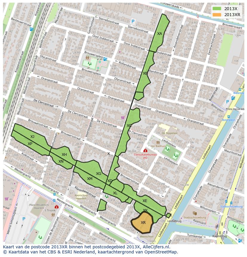 Afbeelding van het postcodegebied 2013 XR op de kaart.