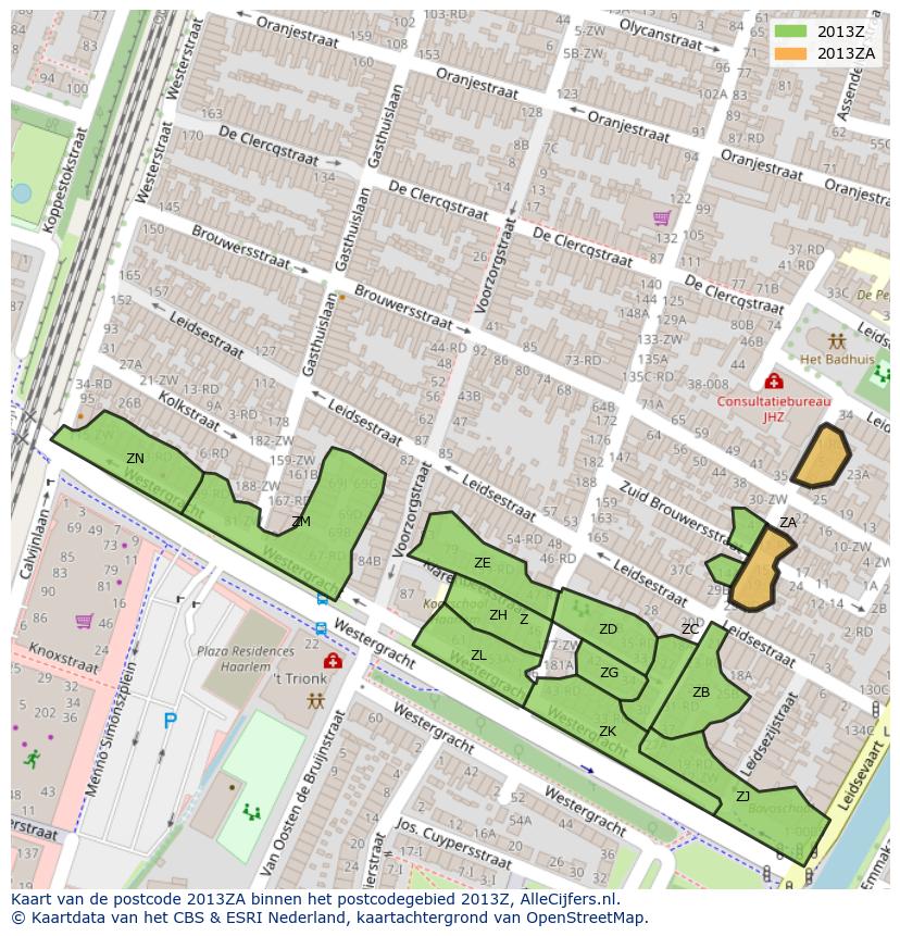 Afbeelding van het postcodegebied 2013 ZA op de kaart.