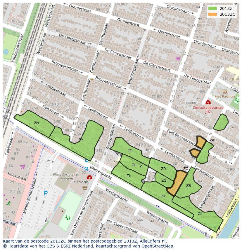 Afbeelding van het postcodegebied 2013 ZC op de kaart.