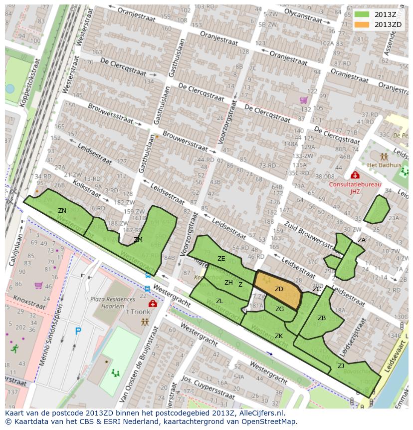 Afbeelding van het postcodegebied 2013 ZD op de kaart.