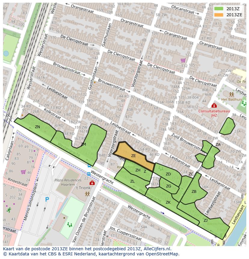 Afbeelding van het postcodegebied 2013 ZE op de kaart.