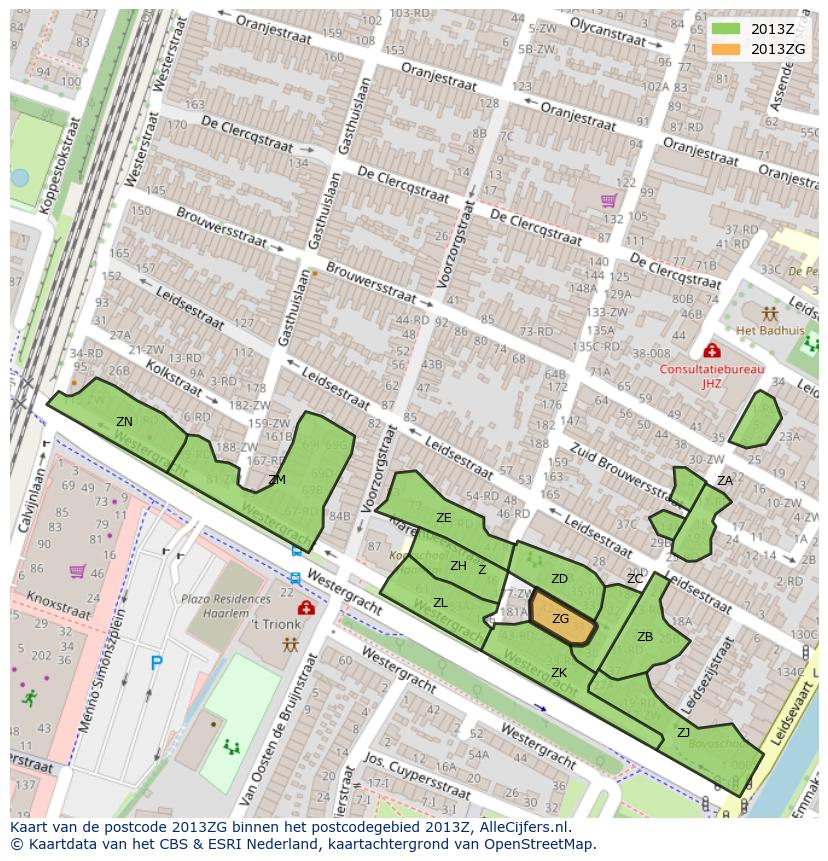 Afbeelding van het postcodegebied 2013 ZG op de kaart.