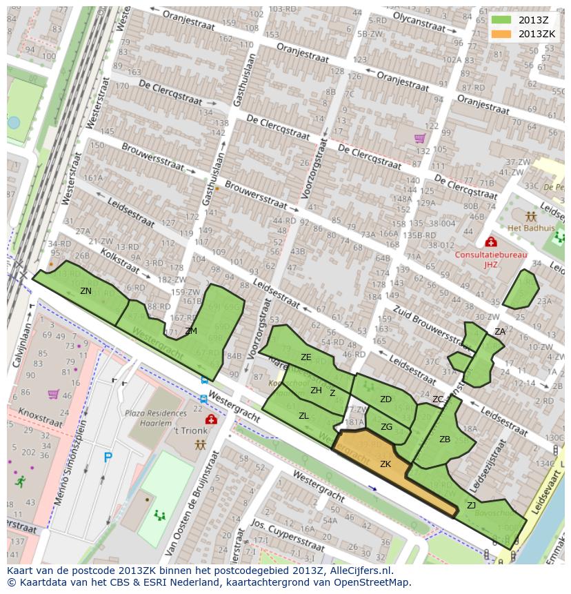 Afbeelding van het postcodegebied 2013 ZK op de kaart.