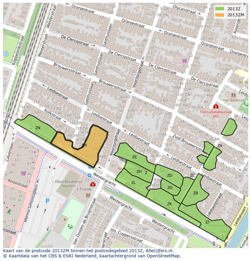 Afbeelding van het postcodegebied 2013 ZM op de kaart.