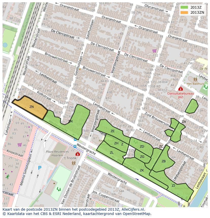 Afbeelding van het postcodegebied 2013 ZN op de kaart.