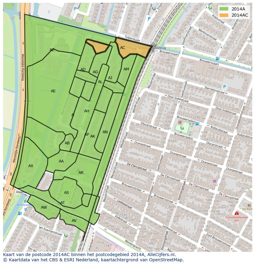 Afbeelding van het postcodegebied 2014 AC op de kaart.