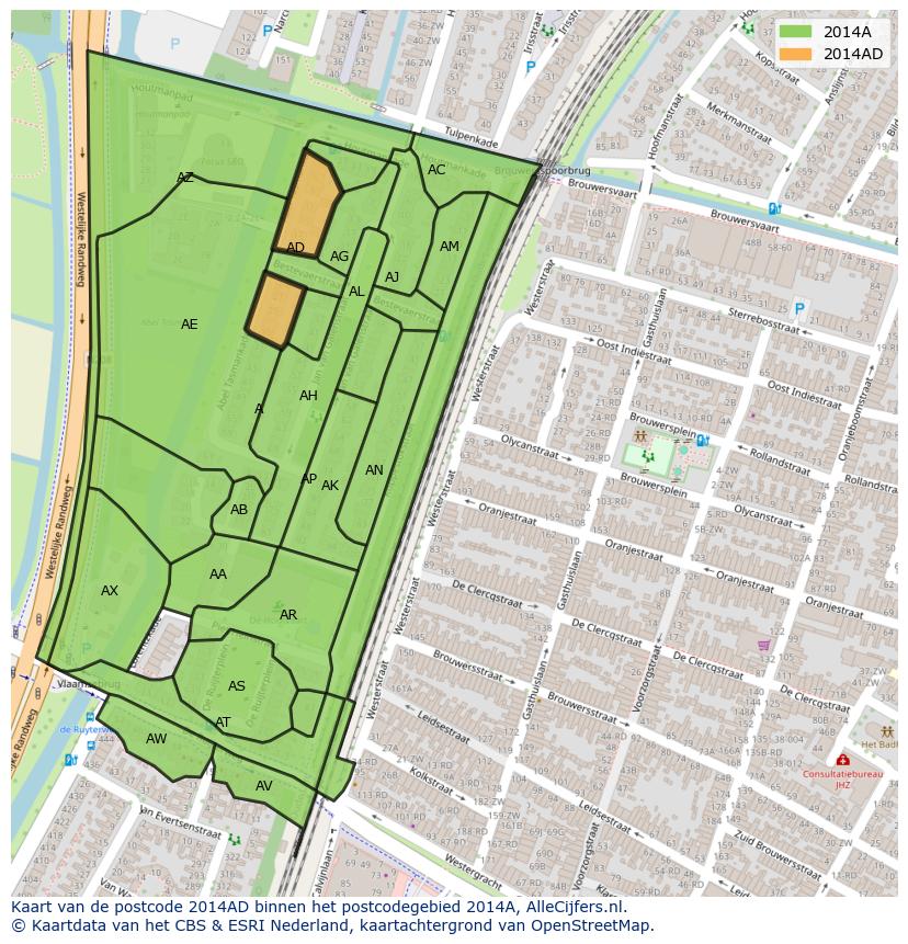Afbeelding van het postcodegebied 2014 AD op de kaart.