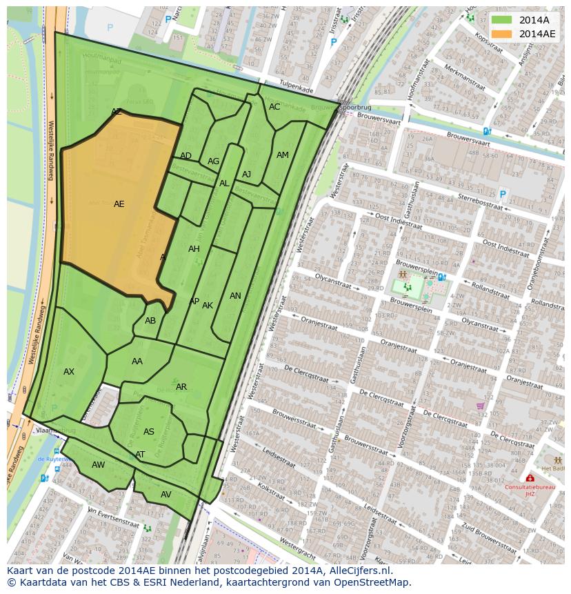 Afbeelding van het postcodegebied 2014 AE op de kaart.