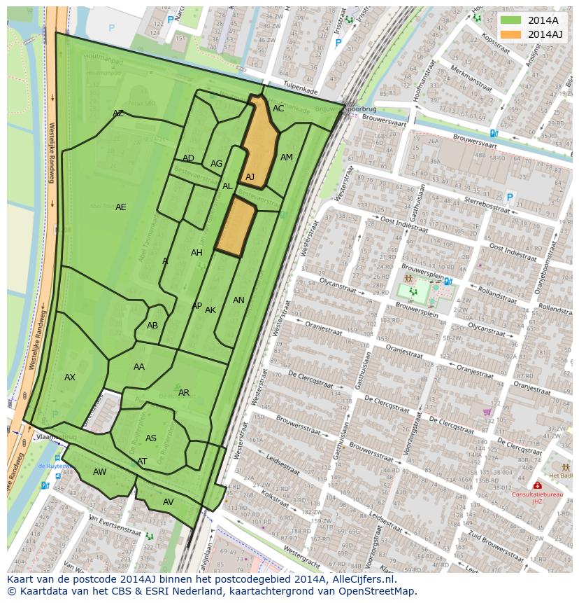 Afbeelding van het postcodegebied 2014 AJ op de kaart.