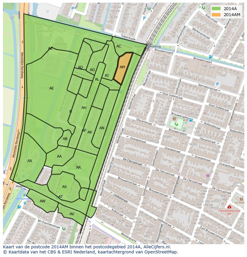 Afbeelding van het postcodegebied 2014 AM op de kaart.